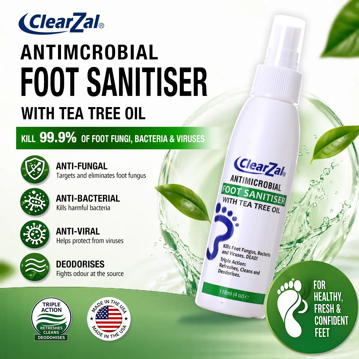 ClearZal Tea Tree Oil Foot Spray for Odor Relief & Hygiene - Quick Drying Feet & Shoe Deodorizer, Infused with Aloe Vera, 4oz Travel-Friendly Mist