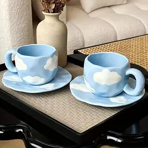 Cloud Shaped Ceramic Cup Set, 2 Counts/set Irregular Shaped Coffee Cup & Saucer, Ceramic Tea Cup, Cute Durable Cup Set for Home Office Use, Drinkware