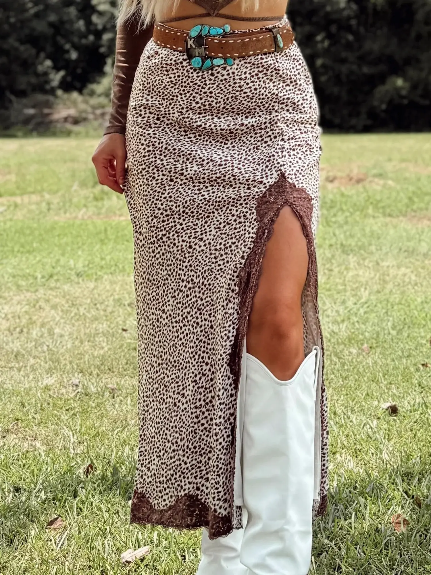 Women's Brown Cheetah Print Trim Split Long Western Skirt with Zipper, Split Design