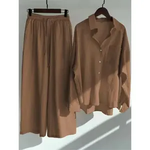 2025 Spring/Summer Women’s Two-Piece Set – Casual Long-Sleeve Button-Front Shirt + Casual Wide-Leg Pants