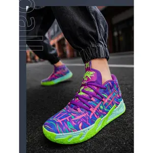Unisex trendy basketball shoes, vibrant competition style, multicolor contrast design, breathable material, shock absorption sole