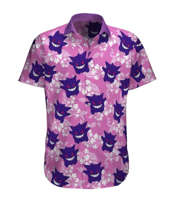 Gengar Hawaiian Button Up Shirt, Anime Shirt, Gifts for Him, Mens Clothing, Christmas, Birthday, Father's Day, Collared Menswear Tropical Short sleeve