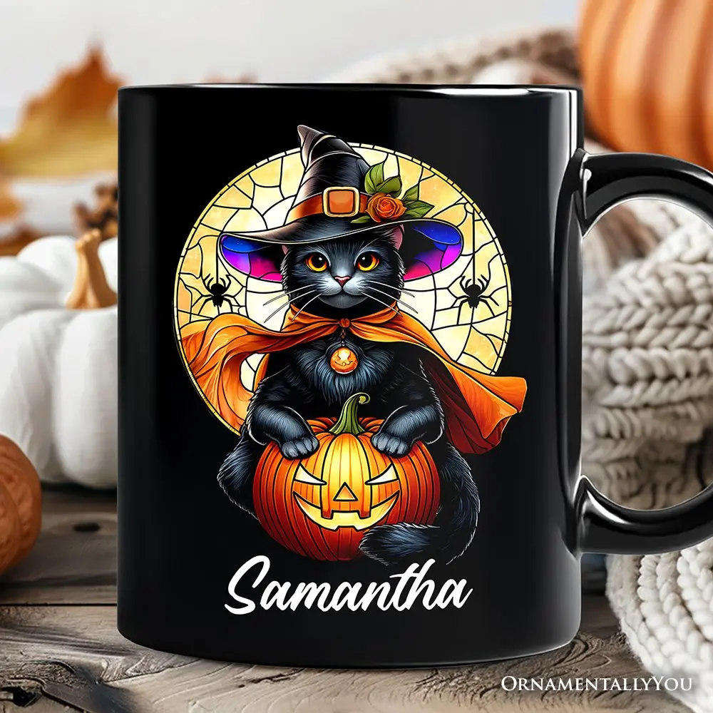 Enchanted Cat Witch Stained Glass Style Personalized Mug, Halloween Themed Gift with Custom Name