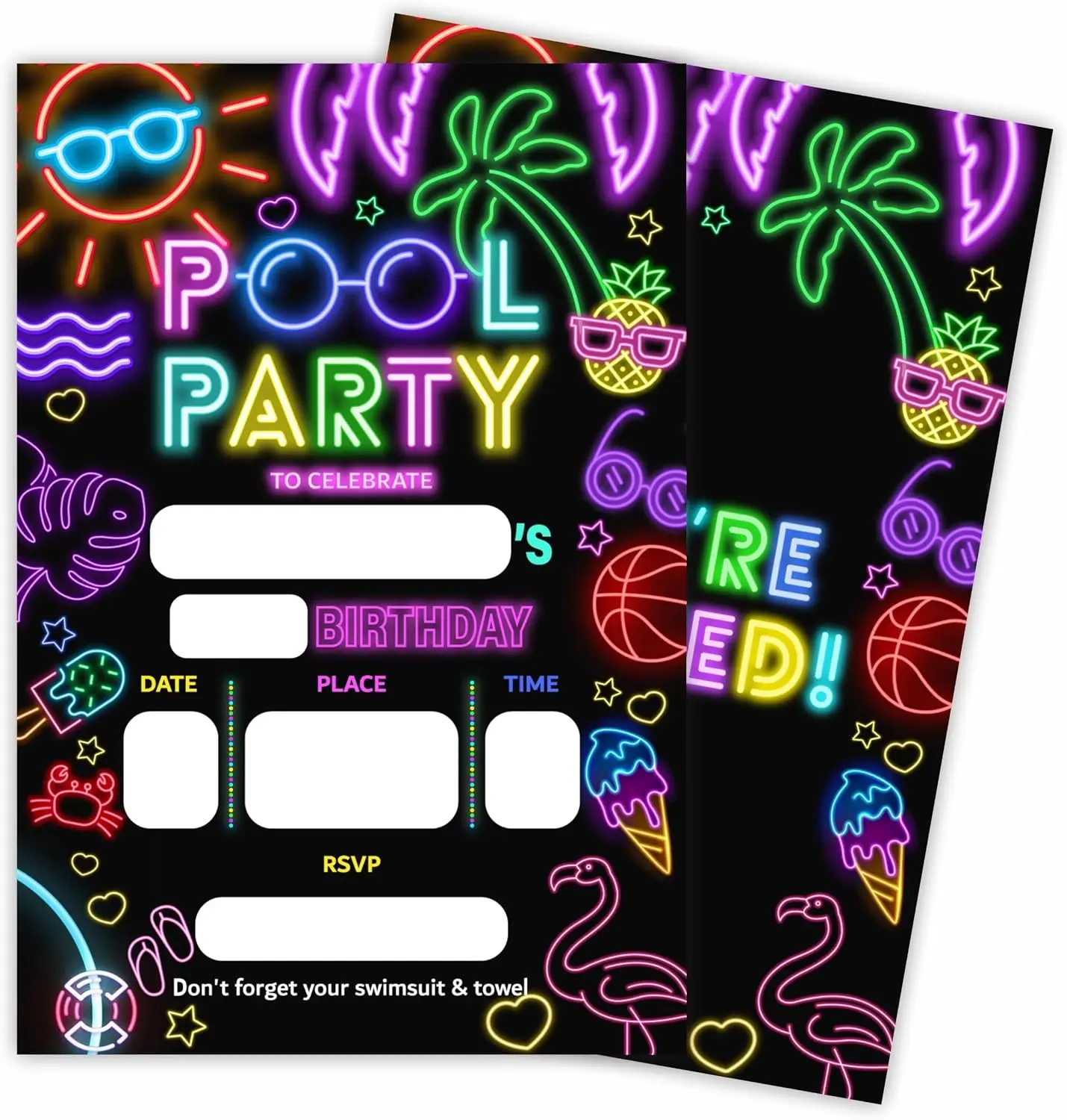 Pool Party Birthday Invitation Cards - Neon Tropical Beach - 20 Double-Sided Fill In Birthday Invite Cards With Envelopes For Boys & Girls, Party Favor & Decorations - C09