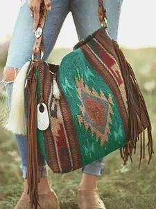 Women's Printed Tote Bag, Fashionable Patterned Bag, Western Style Woven Shoulder Bag with Fringe Accents, Bohemian Crossbody Bag, Fashionable and Stylish