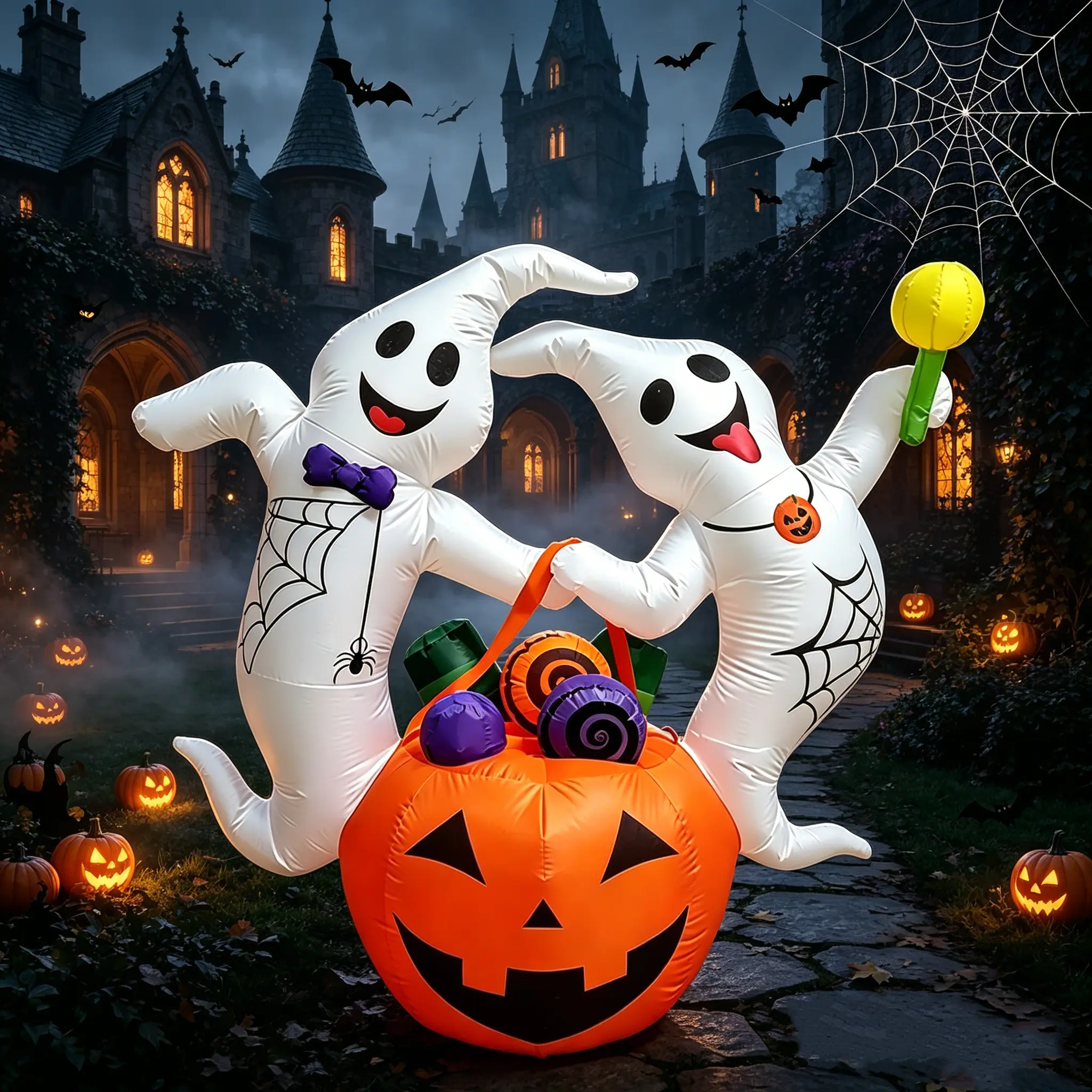 5Ft TikTok Seasonal Halloween Inflatable Decor - Dual Smiling Ghost, Jack-O'-Lantern, Candy Bucket, Spider Web, Bow Tie, Lollipop Design, Soft Ambient Glow, Weather-Hardy, Collapsible - Outdoor Ornament for Front Lawn, Family Holiday Gatherings