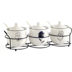 Ceramic Spice & sugar Jars, with Lids Spoons and Shelf,Porcelain Condiment Kitchen Jar Spice Container Set, 230 ML,3 Pcs