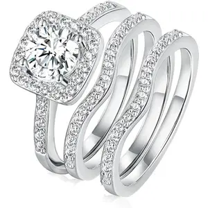 3-in-1 Halo CZ Engagement Ring Set, Wave Band Stackable Promise Rings for Women