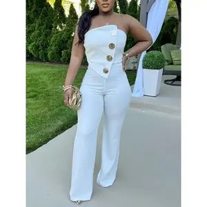 Women’s Sleeveless Strapless Bodycon Jumpsuit – Stretchable High-Waisted Wide-Leg Romper with Gold-Tone Buttons, Elegant Outfit for All Seasons, Hand Wash Only, Allseason Fashion | Off-Shoulder Style Sophisticated Tailoring Women’s Overalls