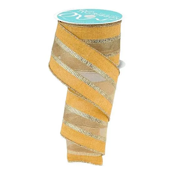 2.5" x 10yd 3-In-1 Royal Burlap/Mesh Ribbon - Dark Mustard/Laser Gold