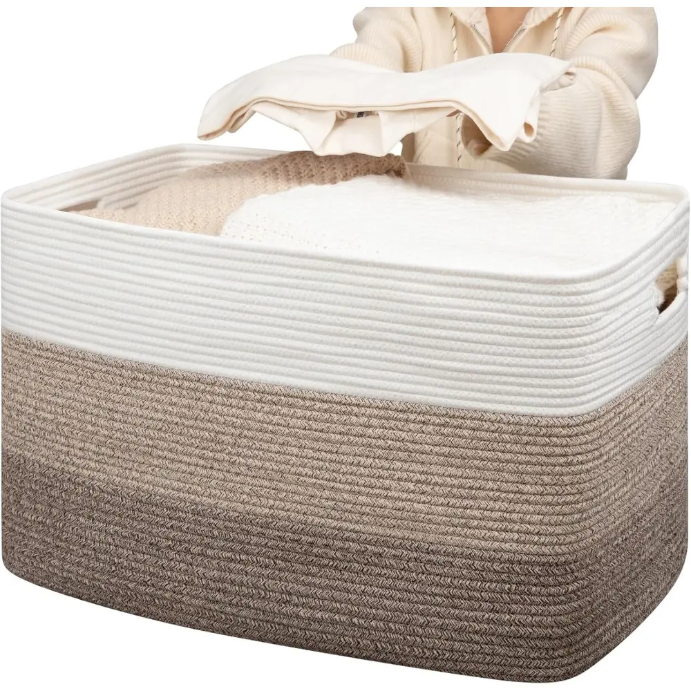 Extra Large Blanket Basket, Rectangle Woven Cotton Rope Storage Basket,Used for storing Dirty Clothes, Stuffed Animal Toy Storage for Living Room,Kids Room,Gradient Brown