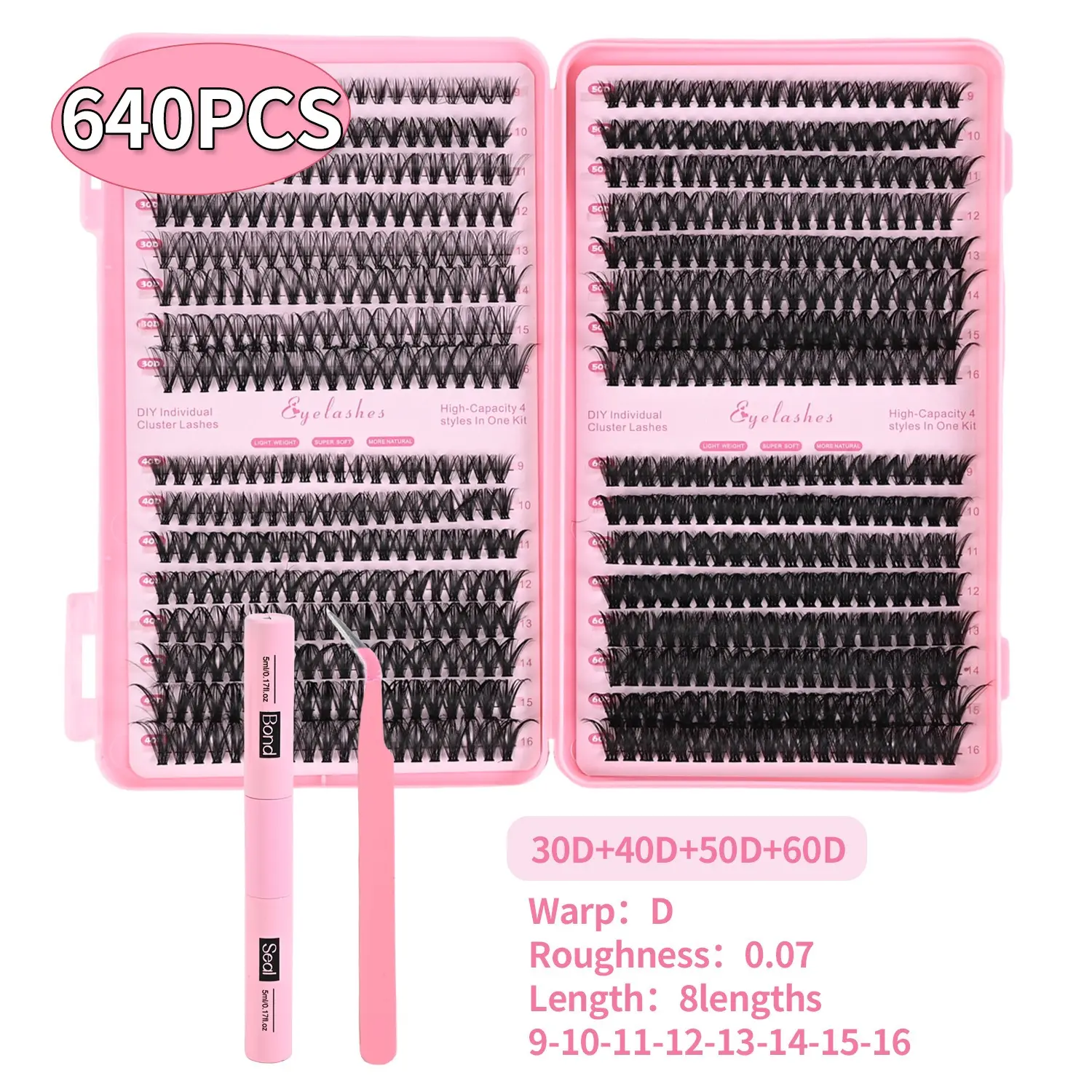 Lash Cluster Kit JL002 with Glue & Tweezers, 640pcs Soft Fluffy D Curl Cosmetic False Eyelashes, Long-Lasting 9-16mm Mixed Lengths for DIY Lash Extensions, Beginner Friendly, Jl002+Glue+Tweezers, False Eyelashes & Adhesives, Cluster Lashes Kit