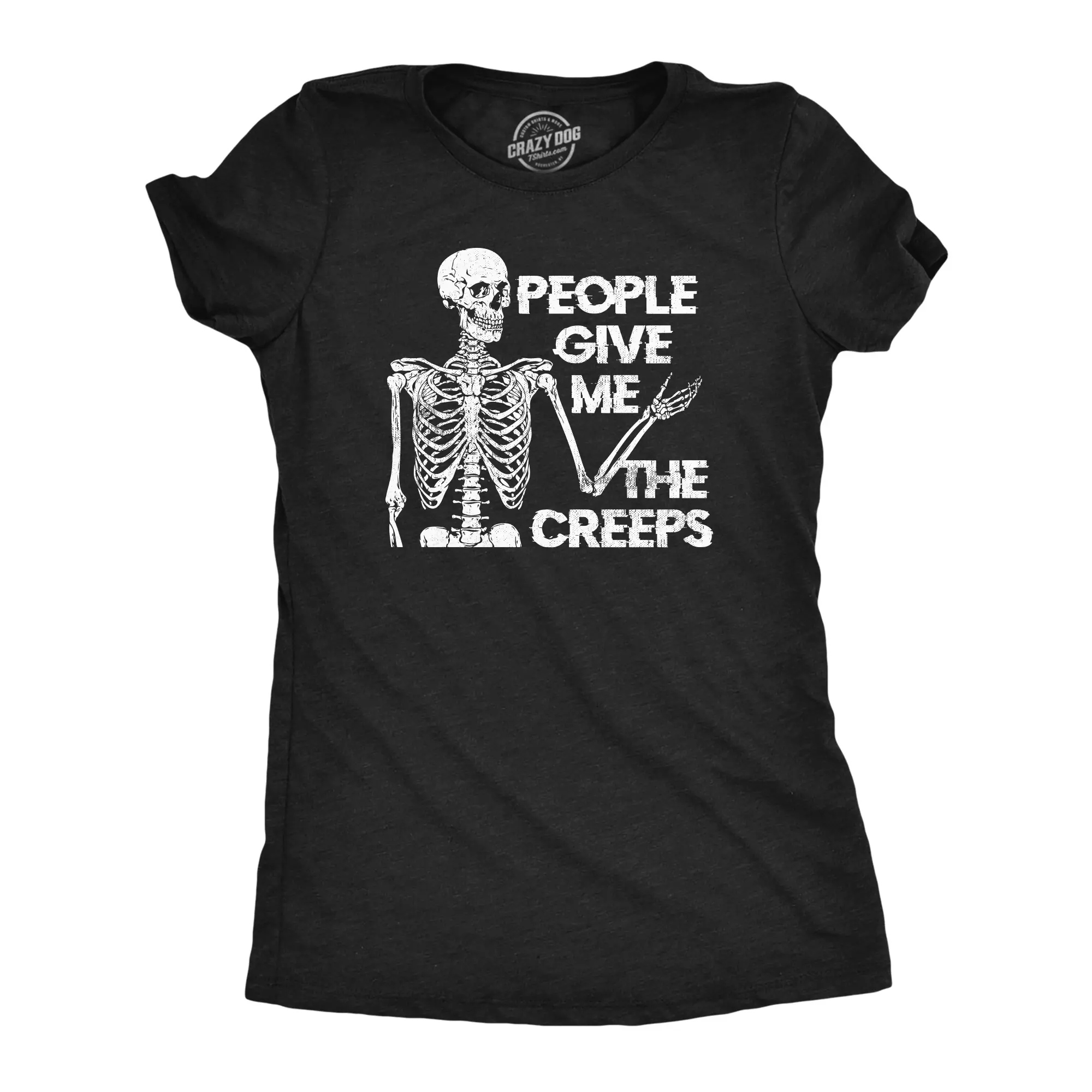 Womens People Give Me The Creeps Skeleton T Shirt Funny Halloween Scary Dead Introverted Joke Tee for Ladies Funny Womens T Shirts Cute Vintage Fashion Casual Ladies T-Shirt Gift Halloween Tops for Women Funny Black -