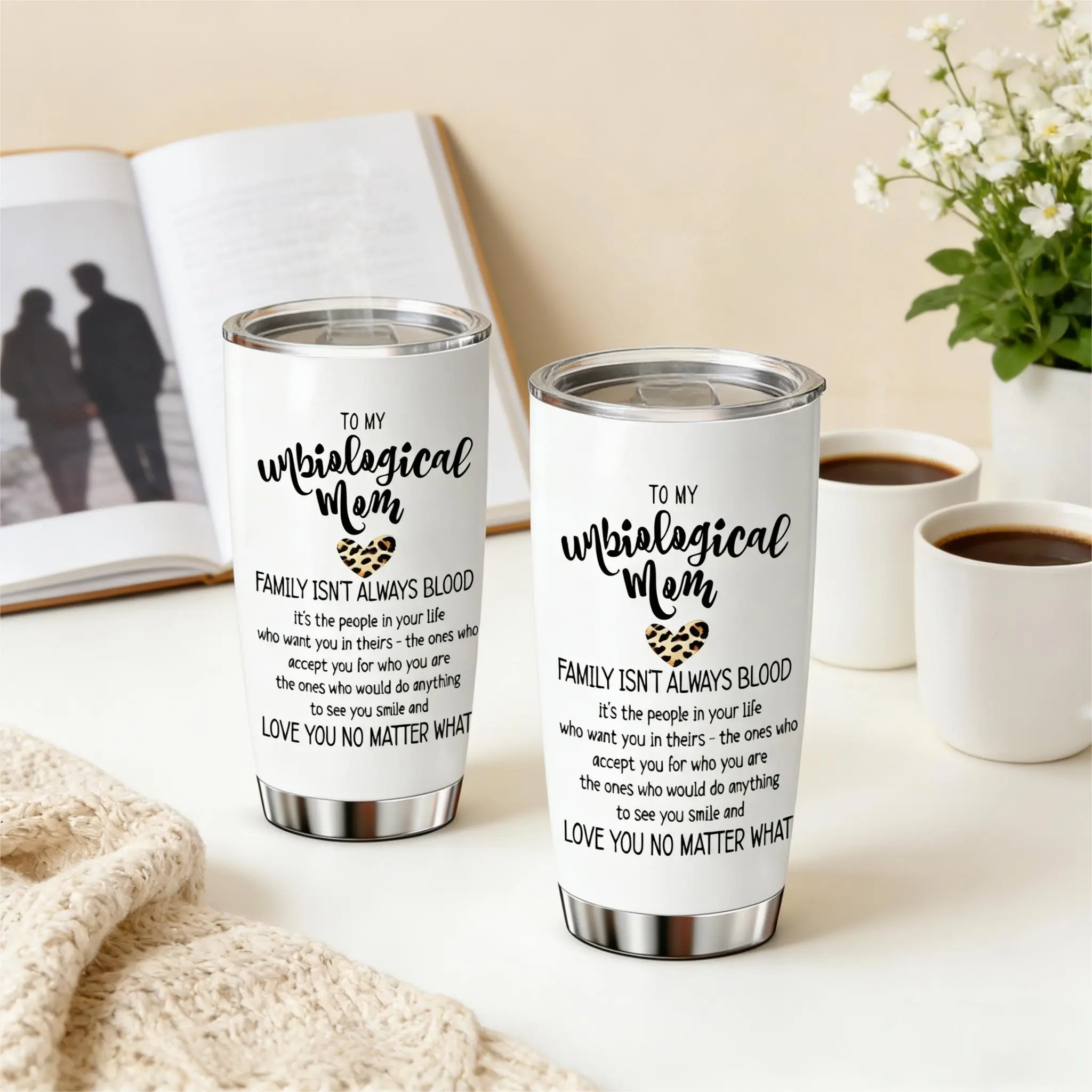 AuraCup 1pc 20oz stainless steel insulated tumbler with lid and straw, Vacuum insulated cup, Insulated mug, Insulated travel drinkware, "Unbiological Mom" family love quote design, double-wall hot cold coffee cup, gifts for mom, bonus mom, stepmom
