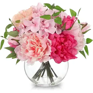 Artificial Flower in Vase, Faux Silk Flowers Arrangement Peony Hydrangea Poppy Eucalyptus Bouquet with Faux Water, Fake Floral Centerpiece for Dining Table Home Decor Wedding Office Shelf - Pink