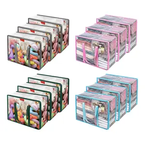 3 Pack Clear Clothes Storage Bag, 40L Zippered Closet Organizer, Plastic Storage Containers Moving bags for Comforter, Blanket, Bedding, Duvet, Toys, Grey, Green, Blue, Pink Handles