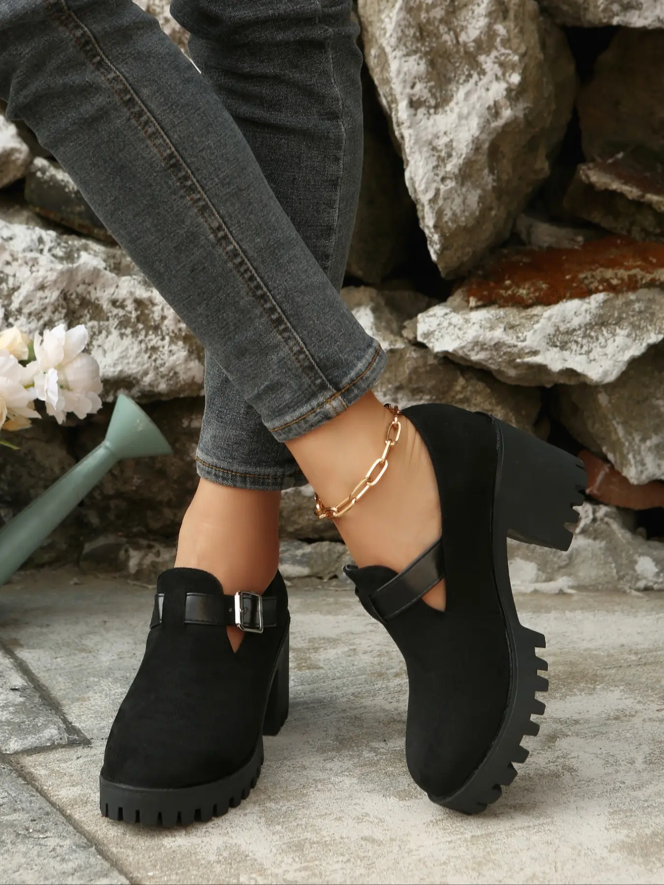 British Style Classic Mary Jane Design Shoes, Closed Velvet Female Thick Sole Waterproof Feature Platform Mary Janes Casual Walking Shoes, Versatile Office & Daily Wear, Flatform, Footwear