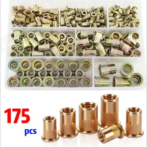 175-Piece Zinc-Plated Carbon Steel Rivet Nut Kit – UNC threaded inserts in M3 to M10 sizes, flat head design. Heavy-duty and versatile for secure fastening in metal, wood, and plastic. Ideal for DIY, automotive repairs, and more