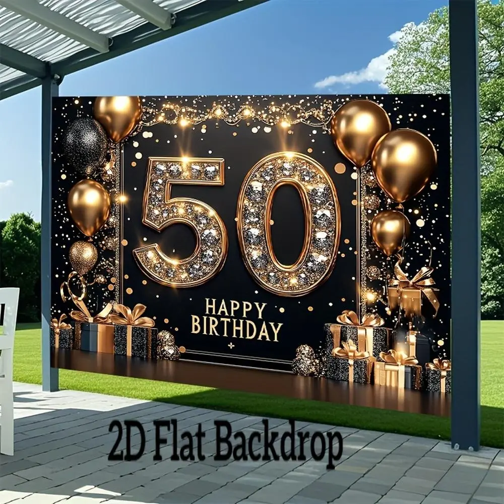 1pc Golden 2D Flat 50th Birthday Banner, Polyester Backdrop, Durable Multipurpose Festive Decor, Indoor Party Wall Decor for Outdoor Events & Studio Photography