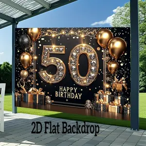1pc 2D Flat Golden Celebration 50th Birthday Party Banner, Polyester Backdrop, Multipurpose Festive Decor for Indoor & Outdoor Events, Room & Garden Celebrations, Durable Studio Photography Background