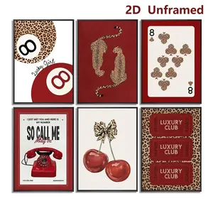 Set of 6: Red Fashionable Leopard-Print Wall Art, Cool “Lucky 8” Poker Card Art, Preppy Cherry Bow Wall Decor, Y2K-Style Cheetah Poster, Printed Artwork—Perfect for Bedrooms, Dorm Rooms, Apartments, and Home Decor. Frameless 2D Canvas Prints