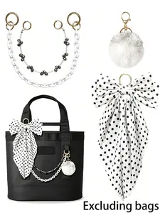 4Pcs Polka Dot Bag Accessories Set, Black Bead Chain + White Acrylic Chain + White Fluffy Pom Pom + Polka Dot Bow Scarf, Decorative Trendy Bag Charms for Tote Bags, Handbags, Purse Accessories