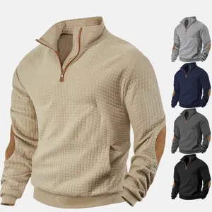 Men's Fall/Winter Waffle Knit Quarter-Zip Sweater Vintage Polo Style Soft Faux Suede Plaid Design with Embroidery Details Thermal Lined Fleece Longsleeves for Casual & Semi-Formal Looks Workwear Jackets