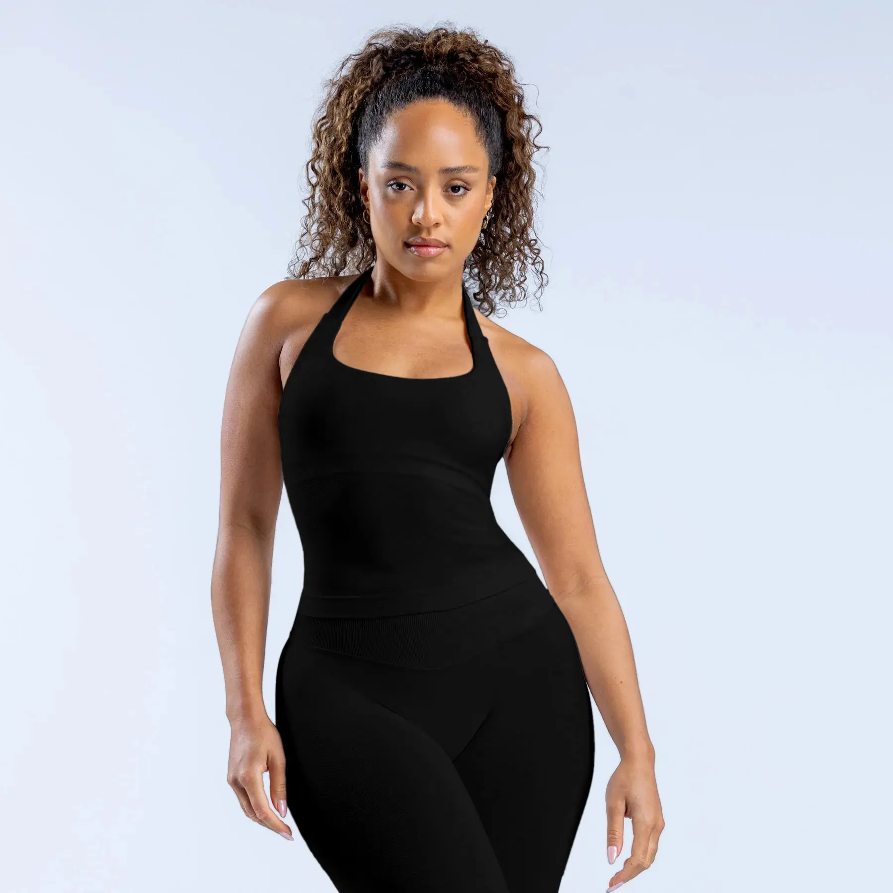 [With Logo] DFYNE Female Fitted Normal Type Quick Dry Solid Color Halter Sports Vest, Seamless Backless Camisole Yoga Top
