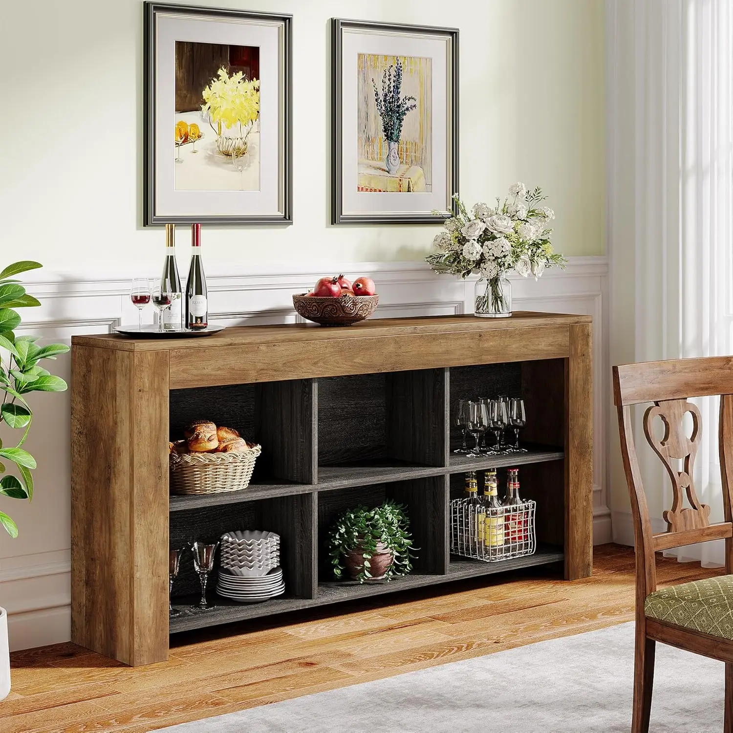 LITTLE TREE 63-Inch Long Sofa Console Table, Rustic Wood Entryway Table with 6 Storage Cubes for Living Room, Hallway, Behind Couch