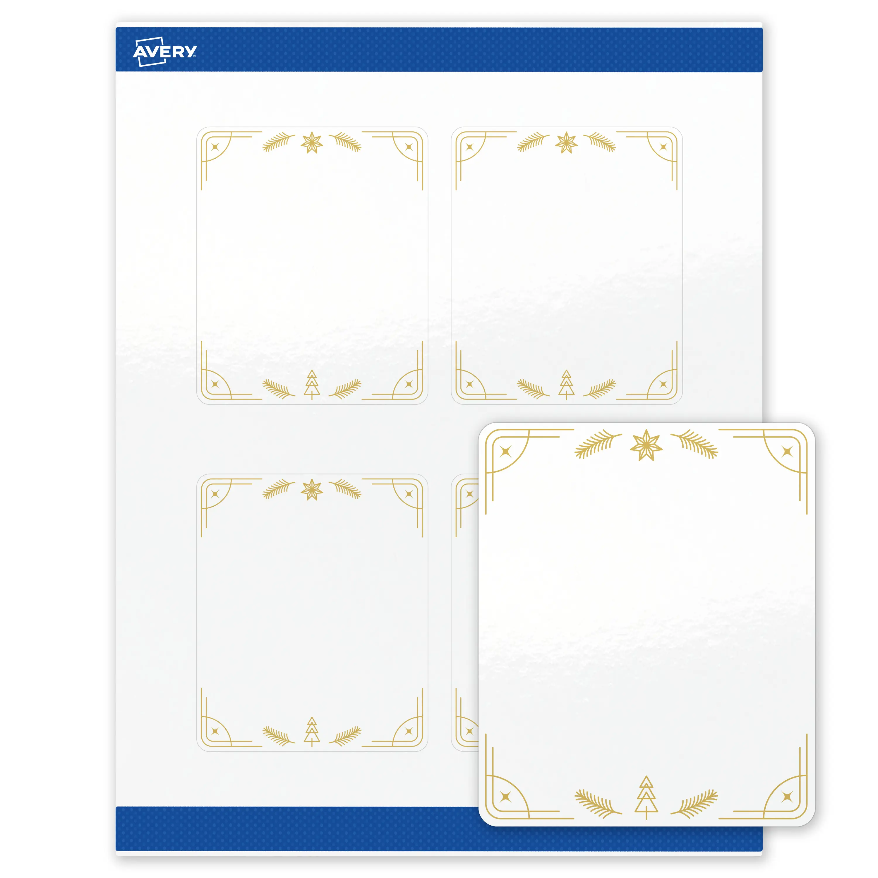 Avery® Printable Christmas Labels with Sure Feed® Technology, Rectangle, 4" x 3-1/3", Pre-Printed Metallic Gold Christmas Trees Design, Glossy White, Laser & Inkjet Compatible, 40 Total
