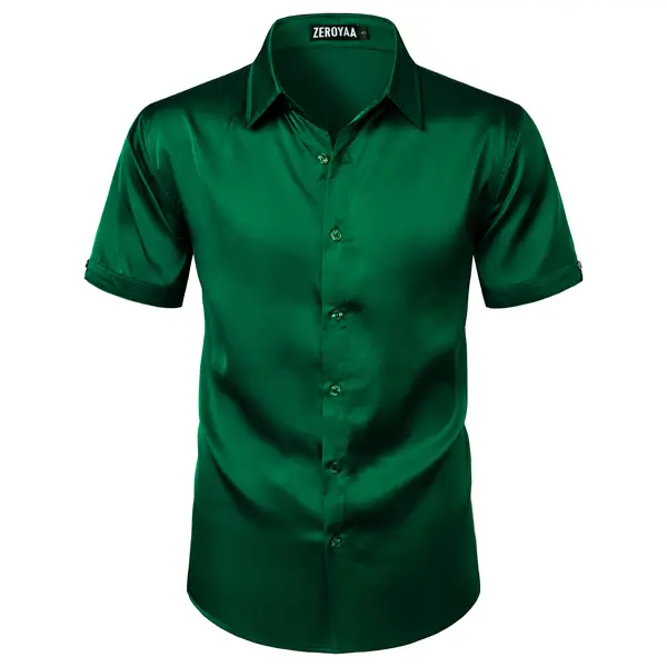 ZEROYAA Men's Hipster Shiny Silk Satin Shirt Regular Fit Short Sleeve Casual Button Down Dress Shirts for Summer Party,back to school,back to school shopping