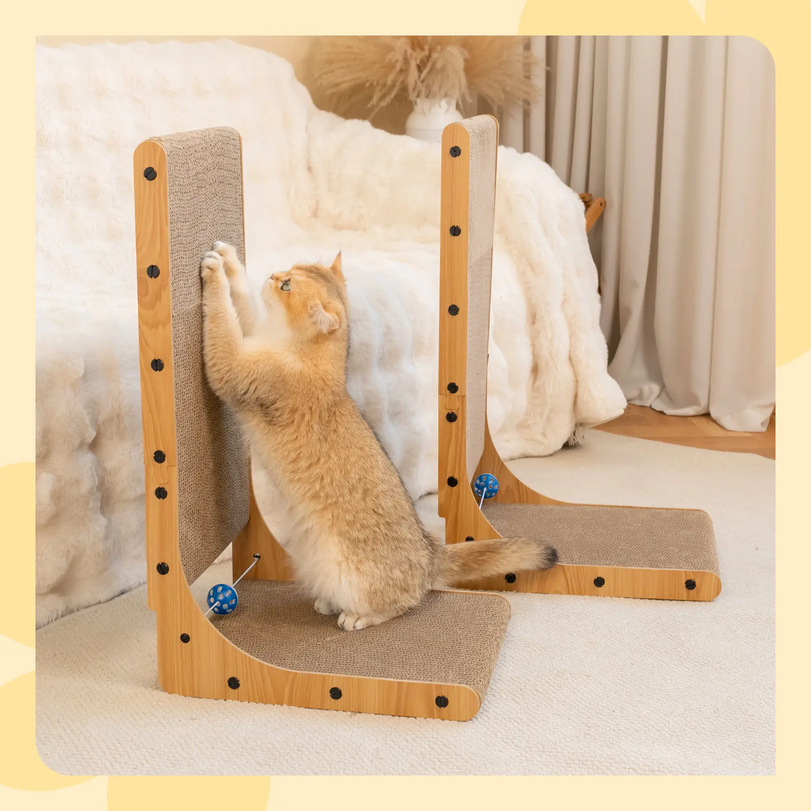 Happy & Polly 2-Pack L-Shaped Cardboard Cat Scratch Pads - Vertical Cat Furniture with Wavy Surface, Elastic Rope Toy, Furniture-Saving Design