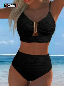 Women's Sexy U-Shaped Metal Cut-Out Bikini Set, Ruched Bikini Bottoms, Plain Texture Fabric Swimsuit, All-Seasons Casual Wear, Ladies' Slim-Fit Swimwear, Bikinis Set, Bathing Suit Bikini