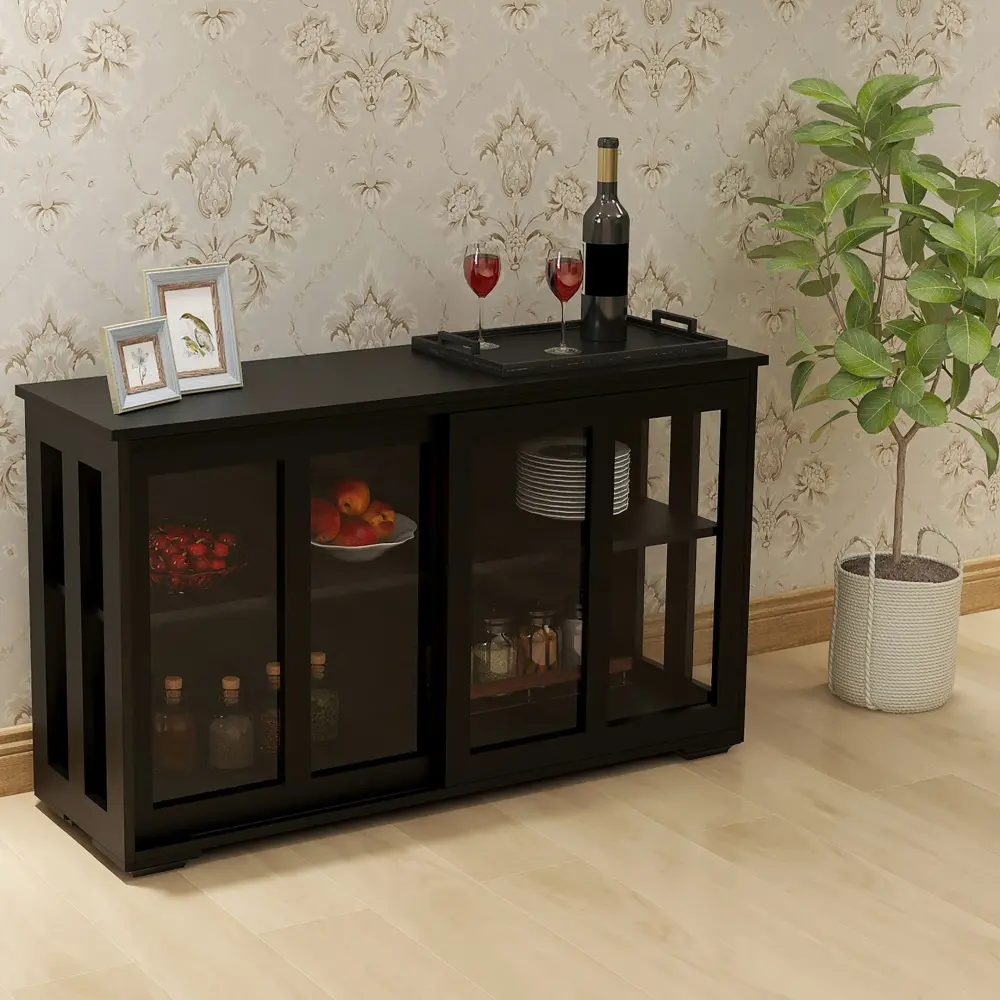Indoor Kitchen Storage Cupboard with Glass Double Sliding Doors, Sturdy Durable Furniture, Large Storage Capacity, Removable or Height-Adjustable Middle Shelves, Self-Assembly Cabinet