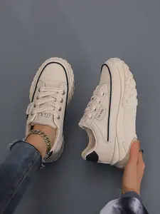 Popular online fashion hit color-blocked platform shoes for women, height-increasing casual shoes for petite women, soft-soled and comfortable for long periods of standing without fatigue, PU all-match sports shoes Sneaker, Thick Sole