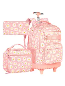 Rolling Backpack for Women and Teens — Water-Resistant, Multi-Compartment Design with Integrated Lunch Compartment; Suitable for College Students, Young Professionals, and Travelers — Pink Floral Pattern