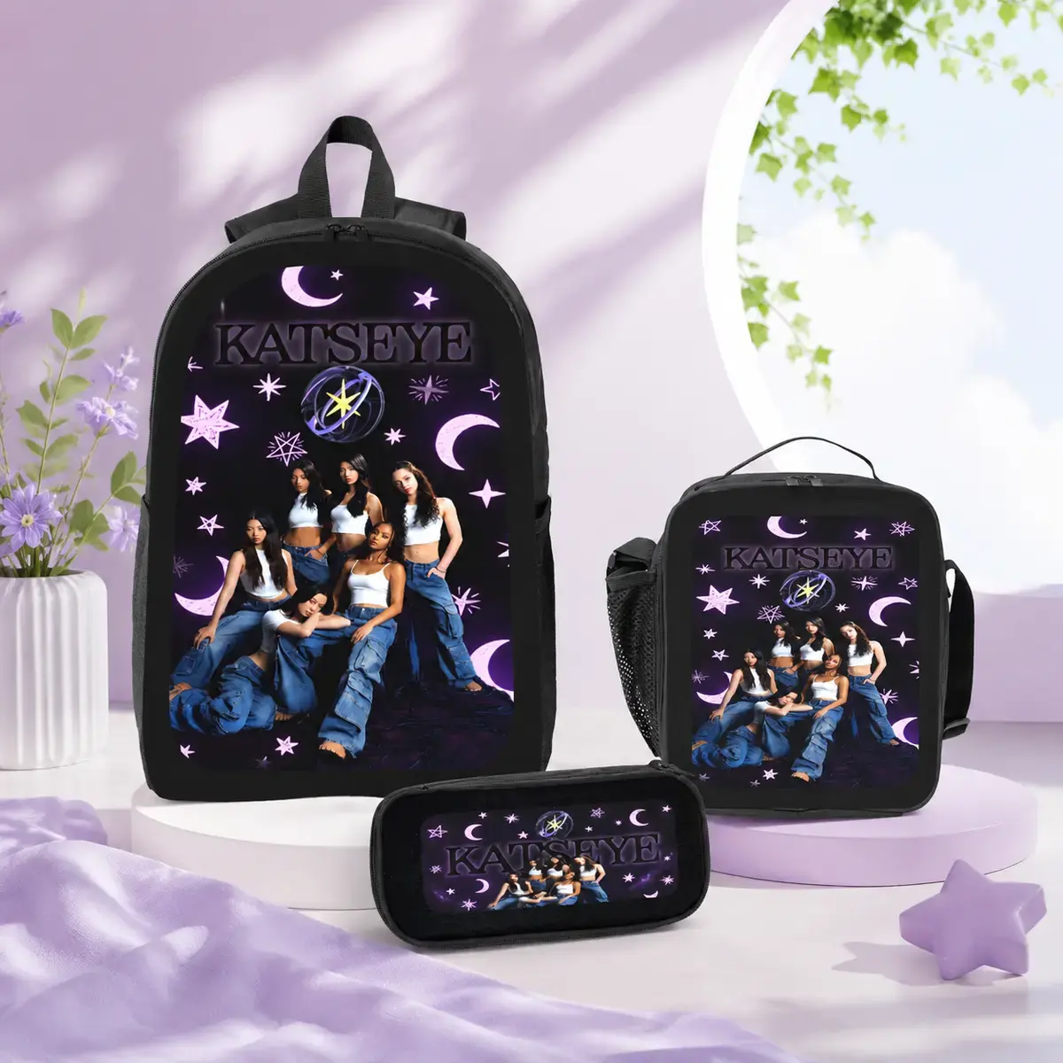 KATSEYE Teen Girls' Trendy Pink 3-Piece Backpack Set with Lunch Box, Pencil Case & Built-in Organizer - Lightweight Daypack for School, Camping, Valentine’s Day & Birthday Gifts, Katseye Lunchbox, Birthdays, Casual, Classmates, Girlfriend Gifts, Cute, Pre
