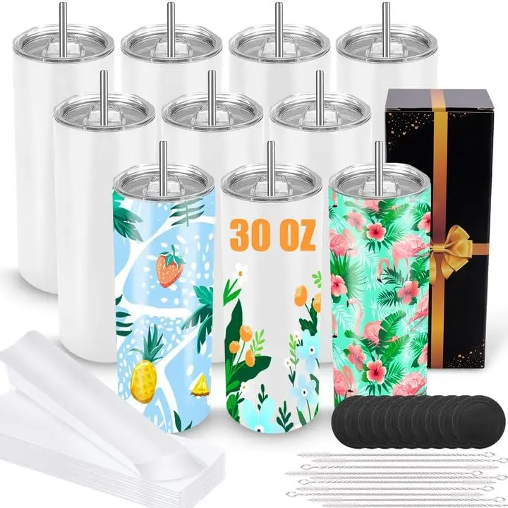 Sublimation Tumblers 30 oz Blank Tumblers for Sublimation Skinny Bulk Double Wall Insulated Cups with Individually Gift Boxed and Shrink Wrap Films for Heat Transfer 10 Pack sohochic