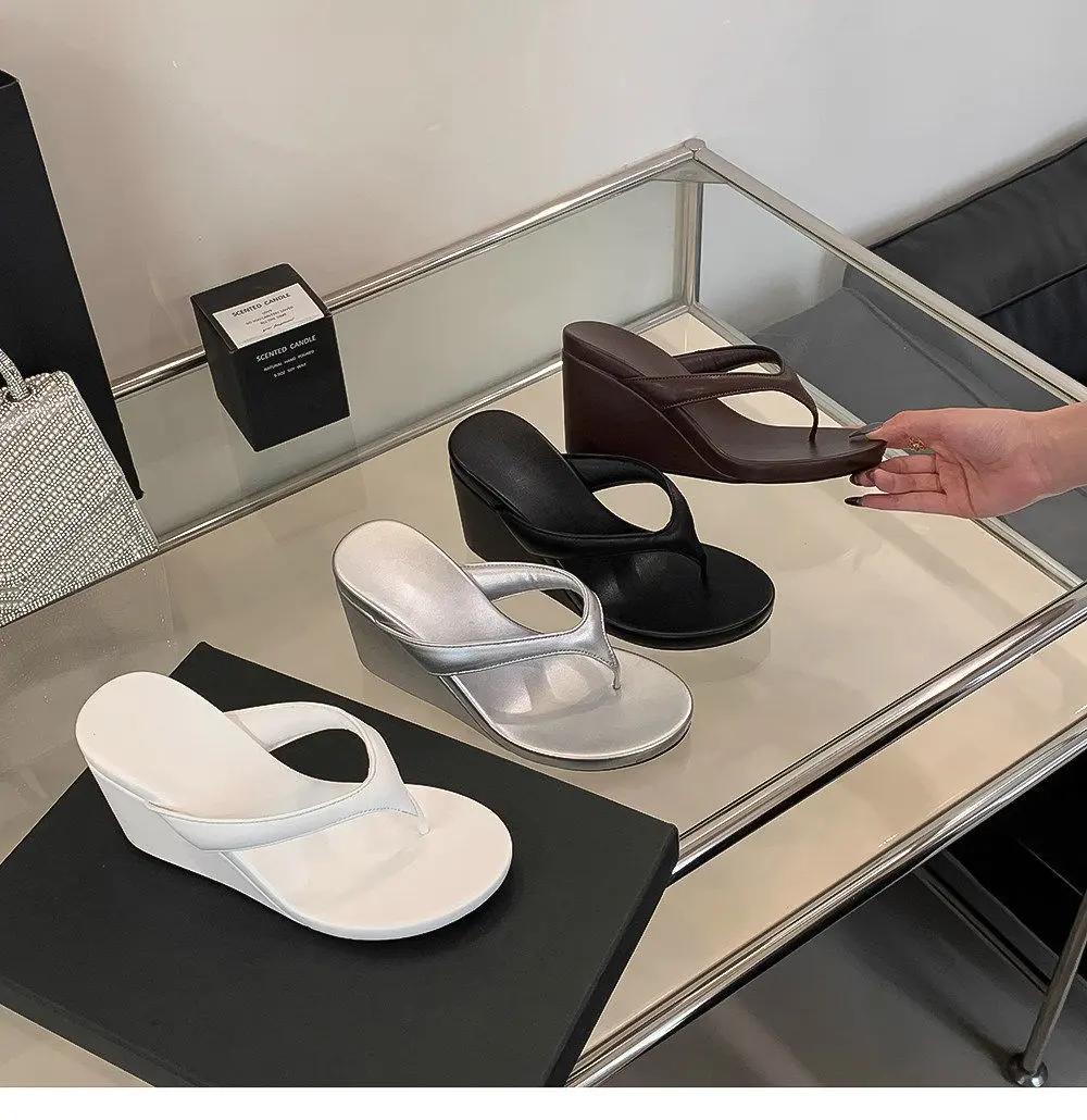 Women's Smooth Leather Open-Toe Wedge Heel Sandals - Beachwear Slip-On Flip-Flops with Height Boost, Cushioned Lightweight Non-Bulky Design for Beach Trips, Outdoor Activities