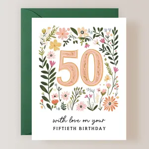 50th Birthday Card, Floral Fiftieth Birthday Card