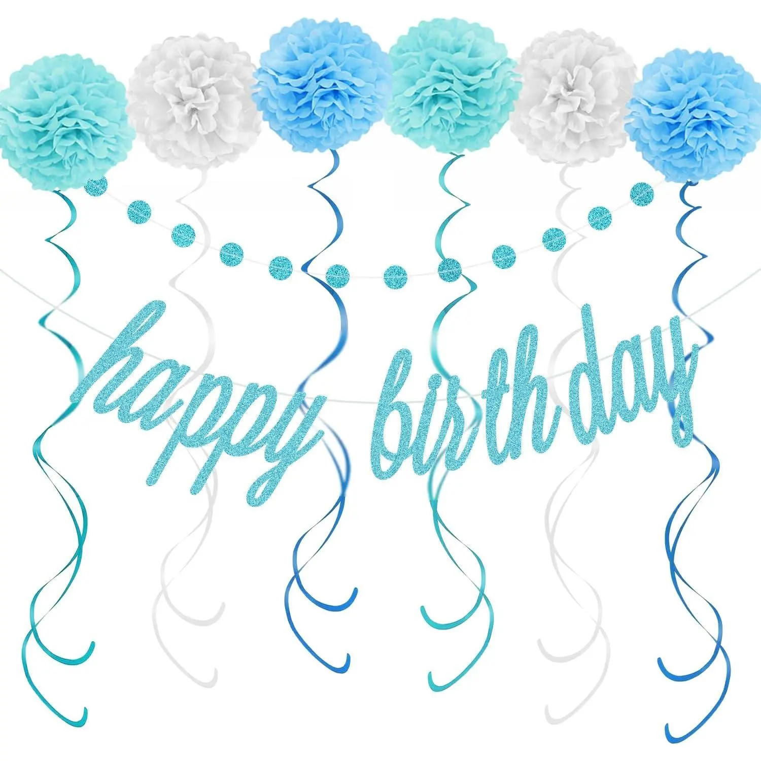 Blue Happy Birthday Decorations - Blue Happy Birthday Banner, Paper Pom Poms, Hanging Swirls and Glitter Circle Dots Garland for Birthday Party Decorations