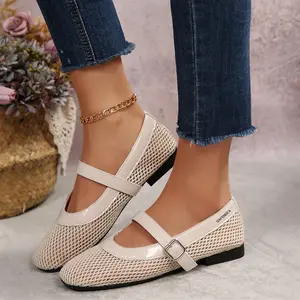 Women's Sandals Summer Breathable Buckle Strap Mesh Ballet Flats Fishnet Dressy Flat Heel