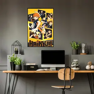 Haikyuu Poster with Hinata Shoyo and Karasuno Volleyball Team in Dynamic Yellow Comic Style Design, High Quality Cardboard Sharp Pattern Poster for Anime Enthusiasts, Bedroom Office Wall Art, Gift for Sports Fans