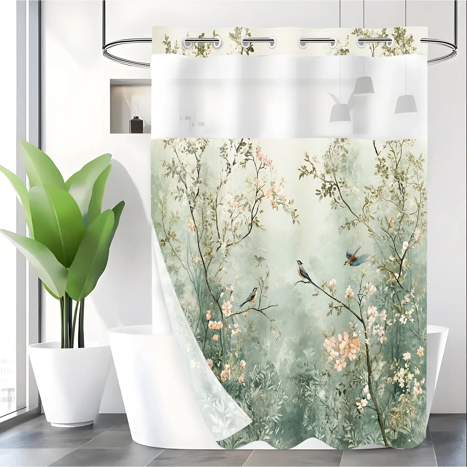 LVRLVR 1pc Aesthetic Vintage Sage Green Watercolor Bird Blossom Floral Decorative Shower Curtain, East Asian Garden Branch Print, Sheer Top Window, Hookless Detachable Liner & No Hook C-Ring, 70.8" x 74"