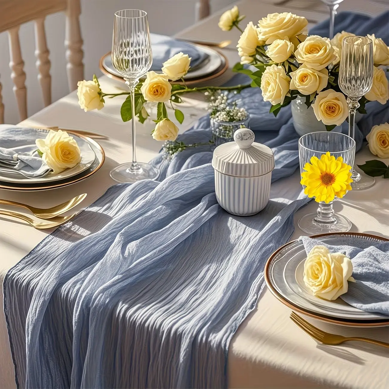 6pcs Beige Cream/Champagne Modern Rectangle Crinkle Cheesecloth Table Runners (17×108in/9ft) - Iron-Free, Wrinkle Resistant, Stain-Fade Resistant Gauze Linen, Boho Decor for Wedding, Baby Shower, All-Season Use, All Seasons