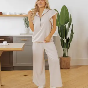 Women's 2 Piece Textured Lounge Set Ruffled Sleeve Zipped Top and Wide Leg Pants Casual Daily Loungewear