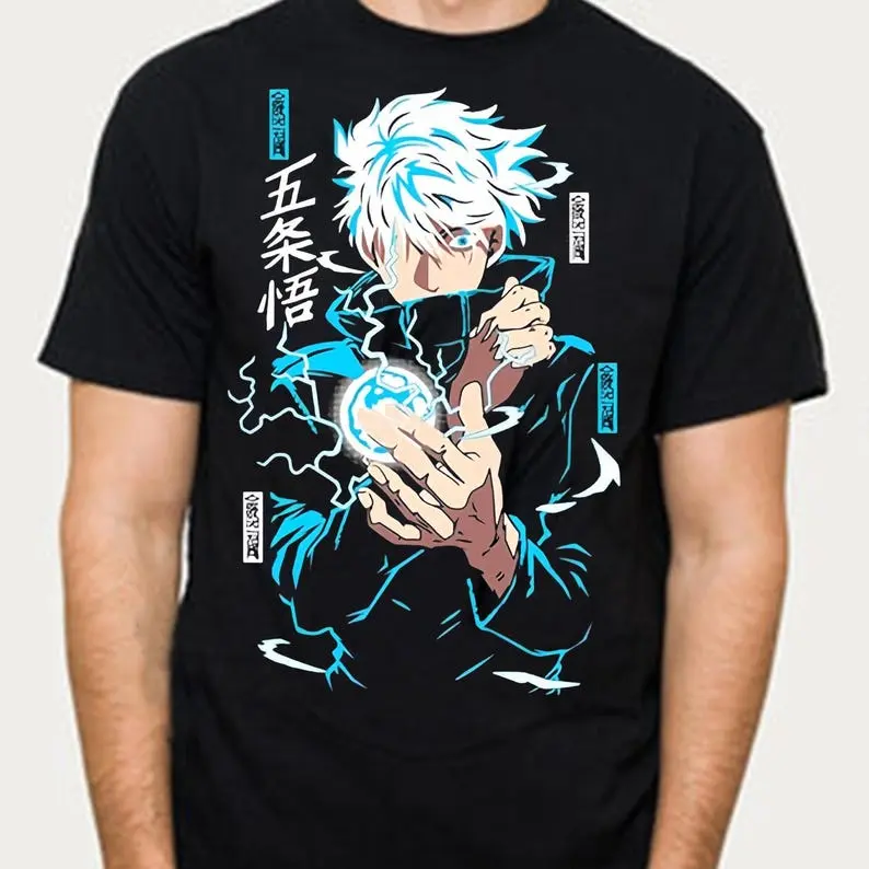 Men's Vintage Gojo Satoru Anime Cotton Short-Sleeve T-Shirt - Breathable Classic Casual Streetwear Top with Graphic Decal for Day Wear