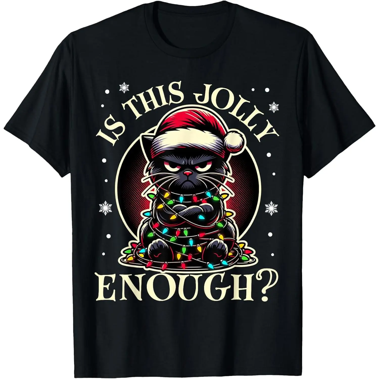 Men's/Women's Loose Fit Essential Casual Sports T-Shirt - Funny Black Cat Christmas Tree Lights Print, Classic Sporty Chic Menswear, Multi-Size, Round Neck, Short Sleeve, Soft Flannel Cotton Fabric, Breathable, Everyday Comfort, Outdoor Wear, Formal