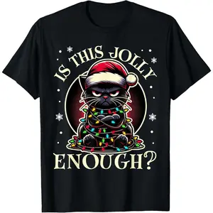 Is This Jolly Enough Funny Black Cat Christmas Tee, Cute Holiday Short Sleeve