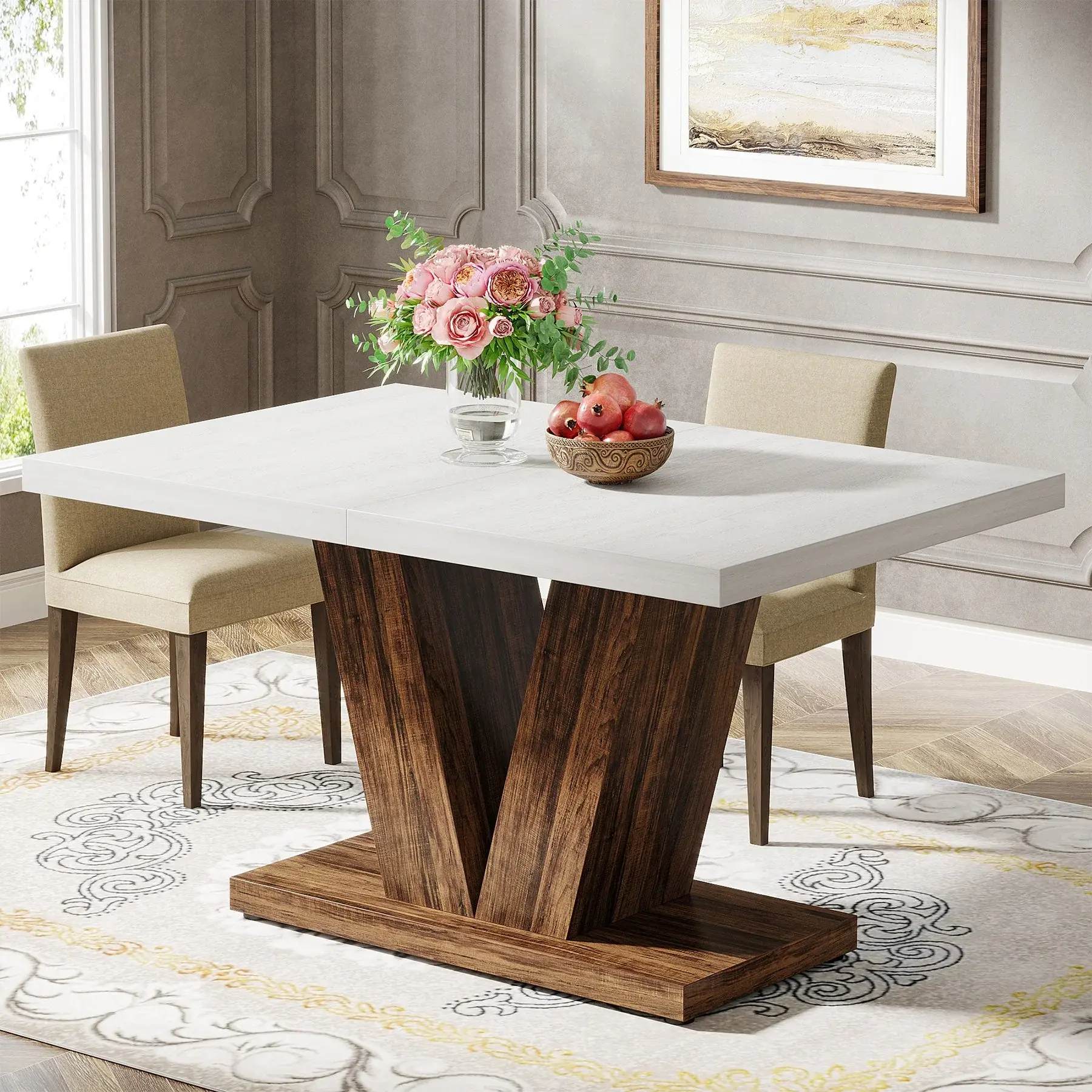 Spaco Round Dining Table for 4 - Heavy Duty Pedestal V-Base Kitchen Table, Farmhouse Style Wooden Eat-In Table for Small Spaces, Dining Room & Kitchen